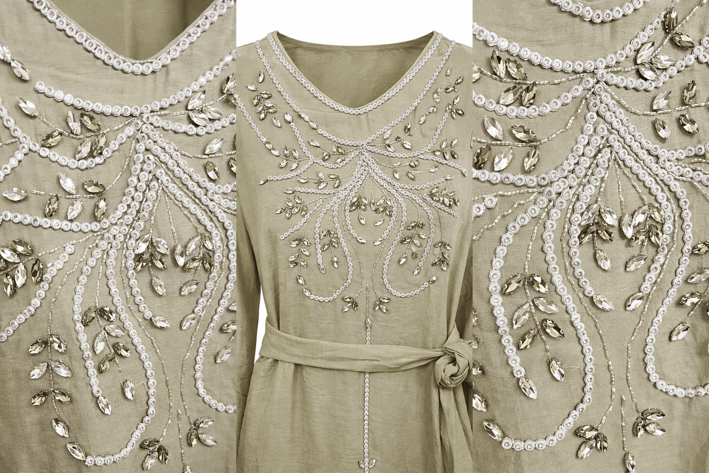 Beige dress with intricate silver beadwork on a beige background