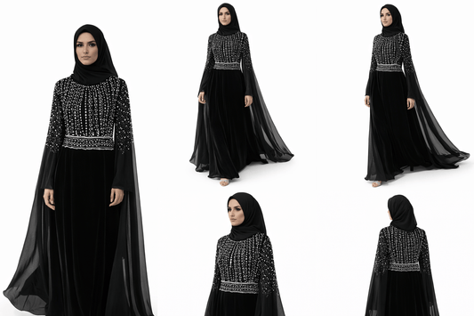Black abaya with silver embellishments worn by a model on a white background