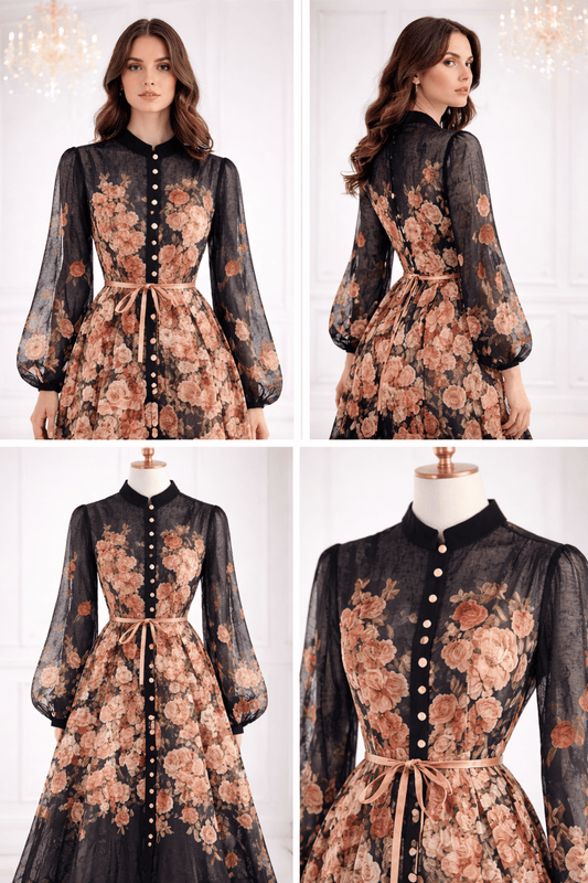 Floral dress with sheer sleeves on a white background