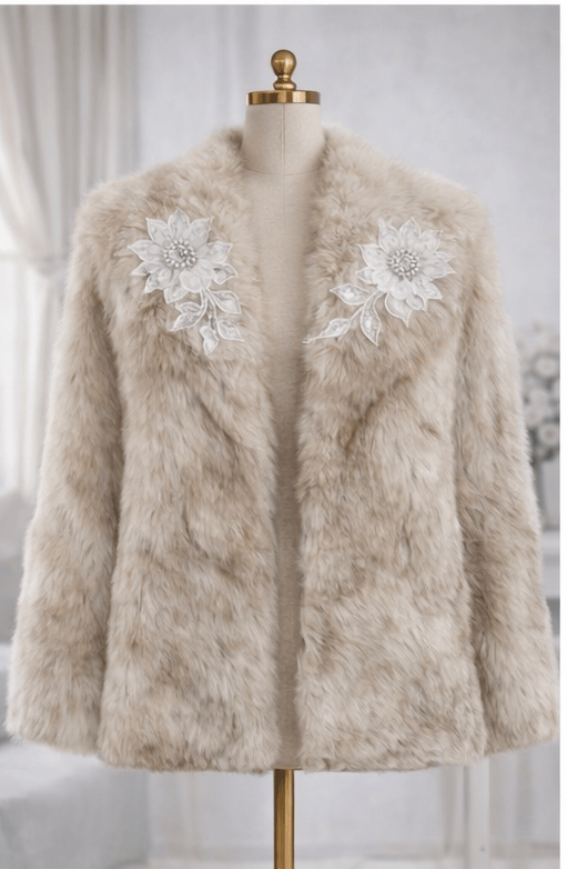 Beige faux fur coat with floral embellishments on a mannequin against a neutral background