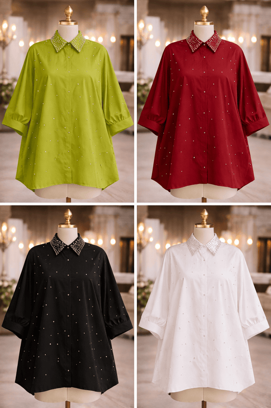 Crystal Embellished Collar Shirt - Tops by AURA