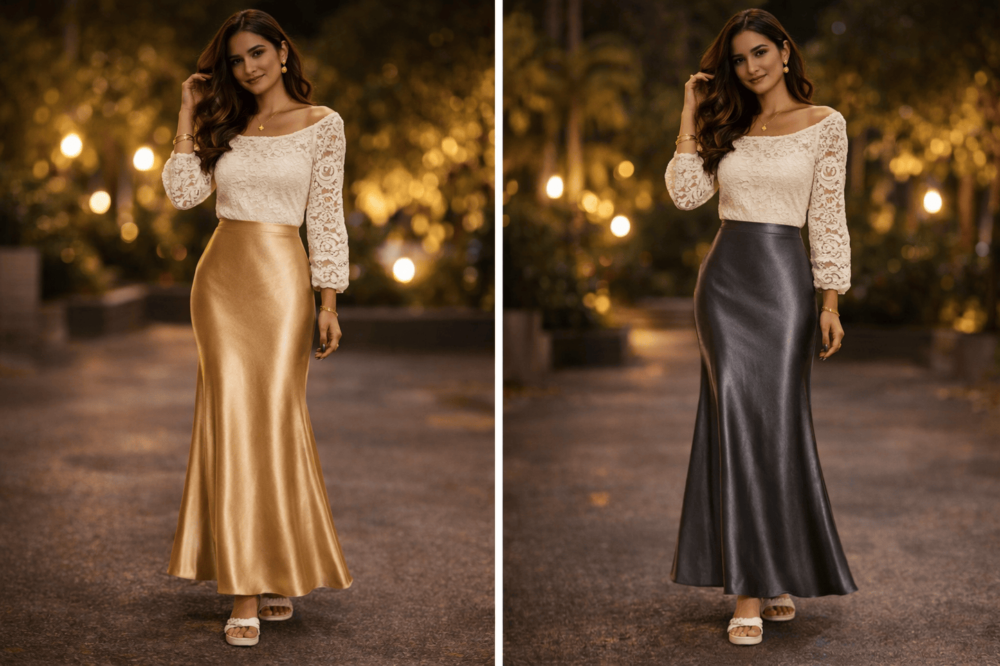 Woman wearing a white top and gold skirt in a garden setting