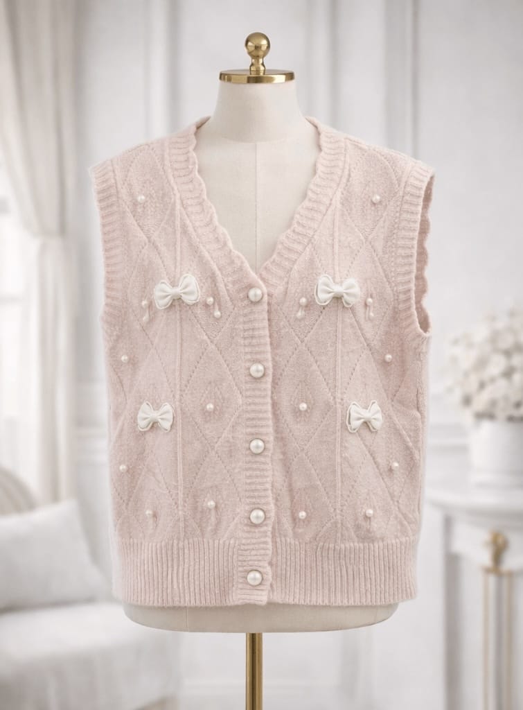 Pink knitted vest with bow details on a mannequin against a white curtain background