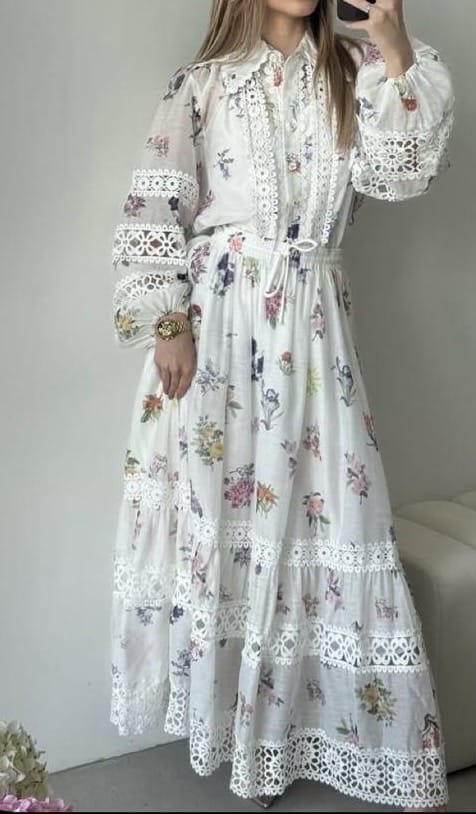 Elegant White Floral Lace Outfit Set - Shirt & Tiered Skirt - Women's Clothing by AURA