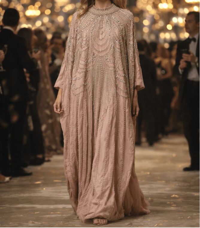 Beige evening gown on a mannequin and worn by a woman in an elegant setting.
