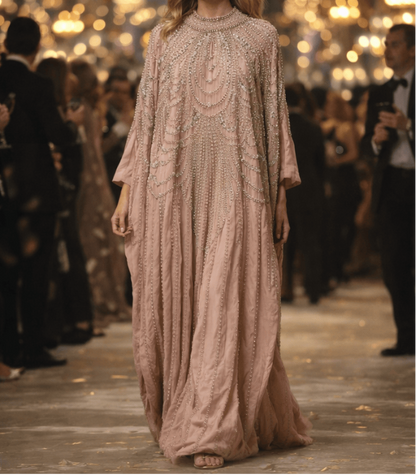 Beige evening gown on a mannequin and worn by a woman in an elegant setting.