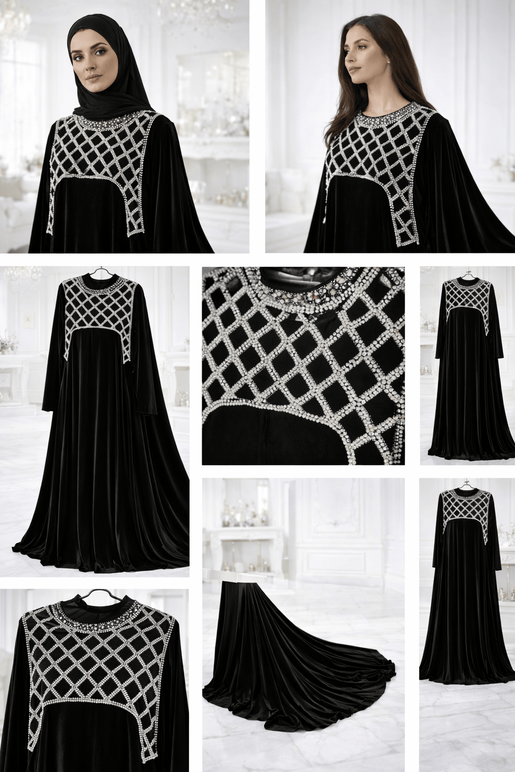 Black abaya with silver embroidery displayed in multiple angles on a white background