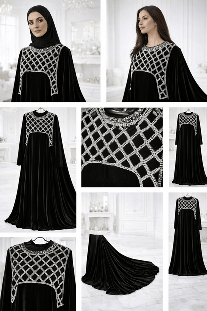 Black abaya with silver embroidery displayed in multiple angles on a white background