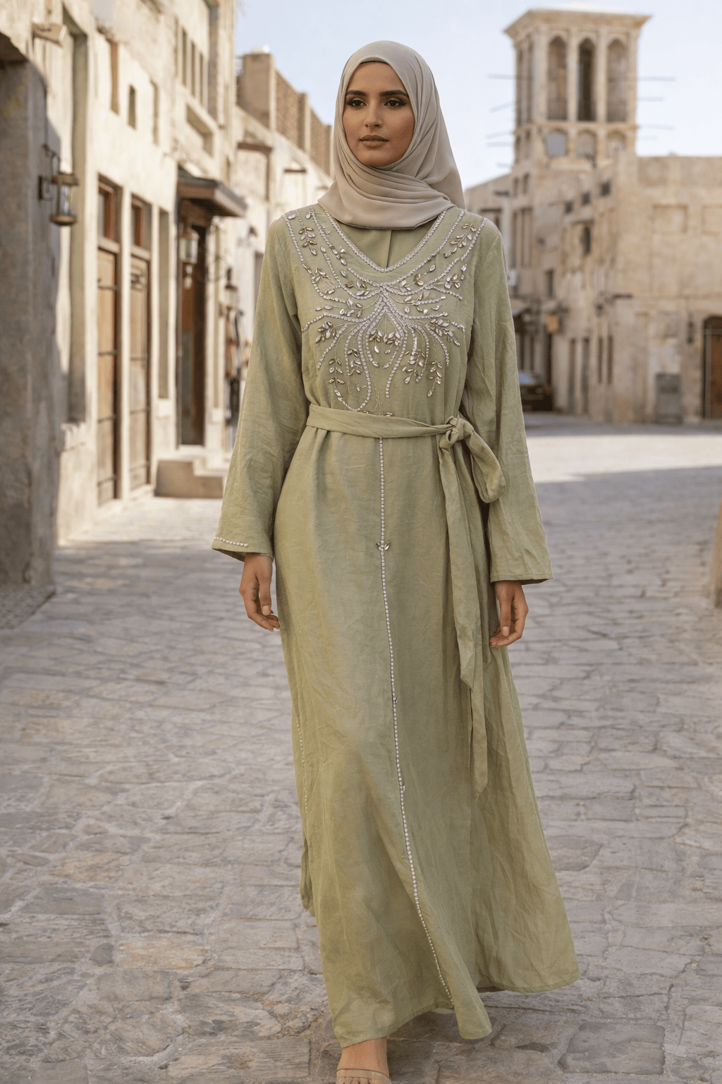 Peach Embellished Abaya | Evening Wear Dress - ABAYA | LONG DRESS by AURA