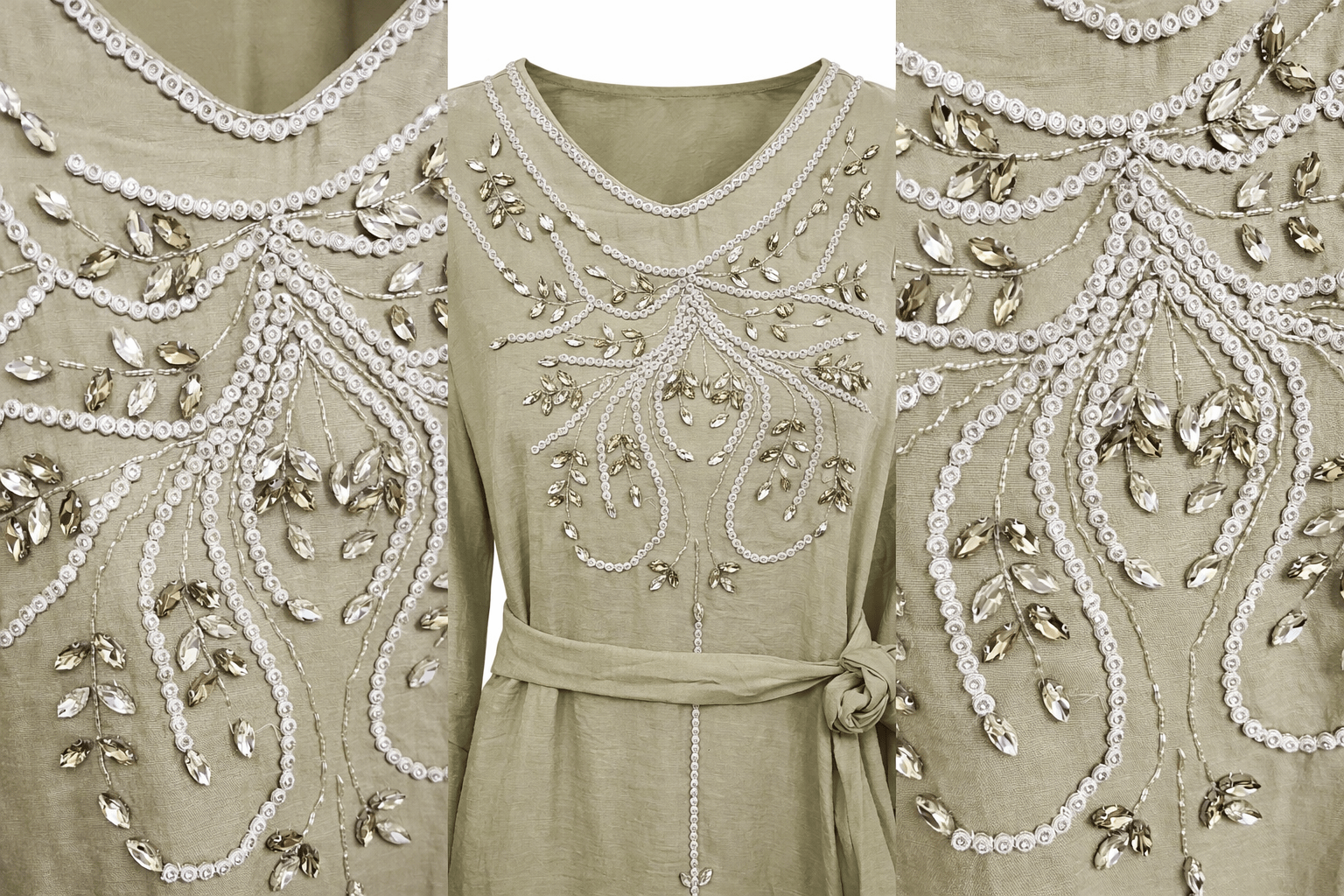 Beige dress with intricate silver beadwork on a beige background