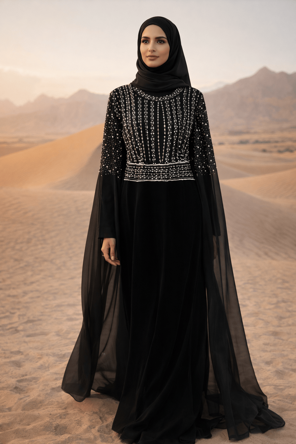 Woman in a black abaya with silver embroidery standing in a desert landscape.