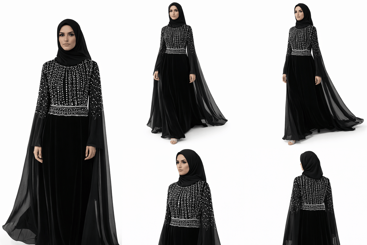 Black abaya with silver embellishments worn by a model on a white background