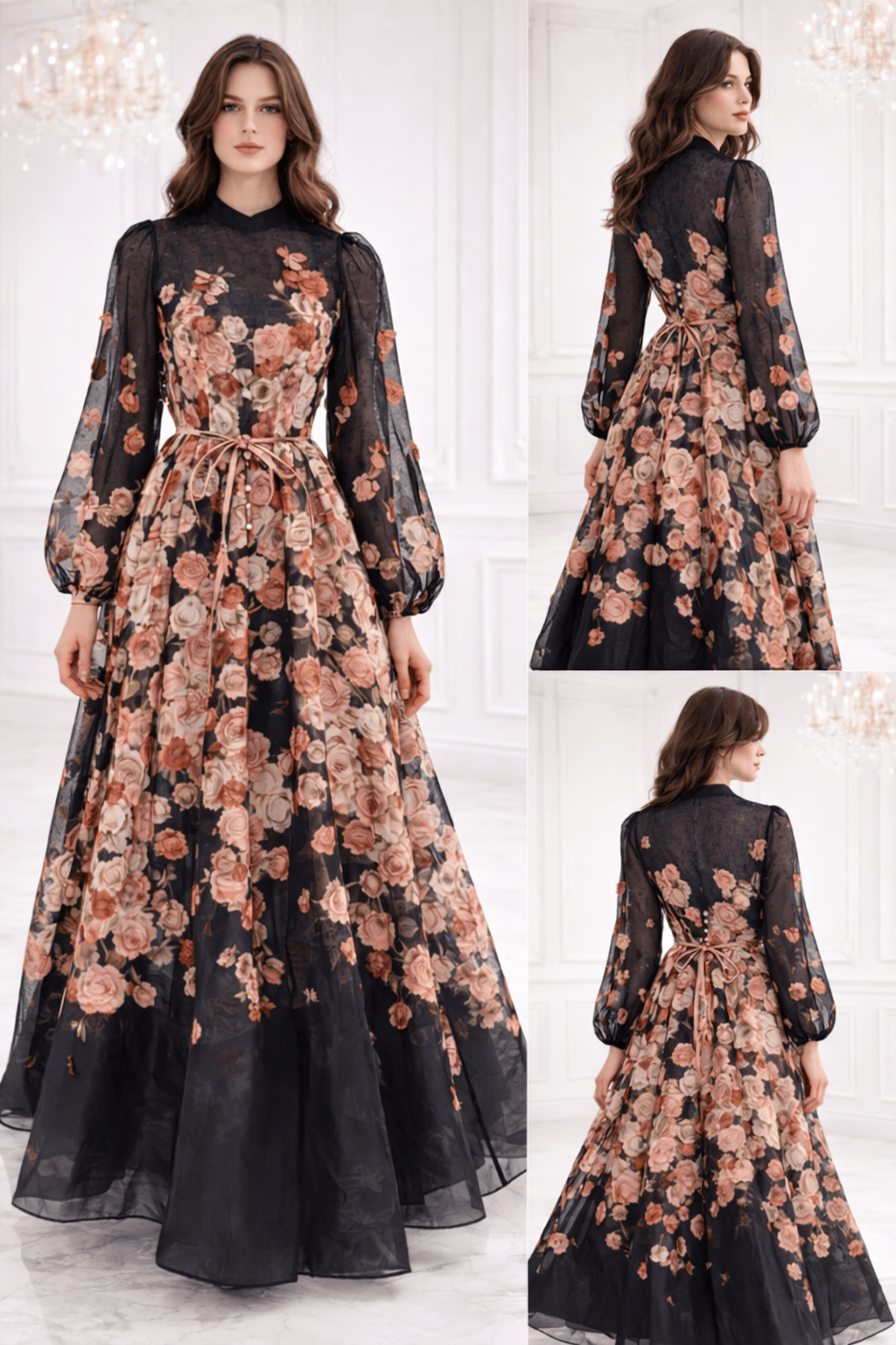 Woman wearing a floral dress with long sleeves in multiple views against a white background