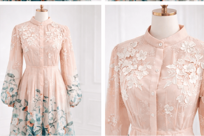 Pink Embroidered Maxi Dress with Bird Print Sleeves | Evening Wear - MAXI DRESS | EVENING WEAR by AURA