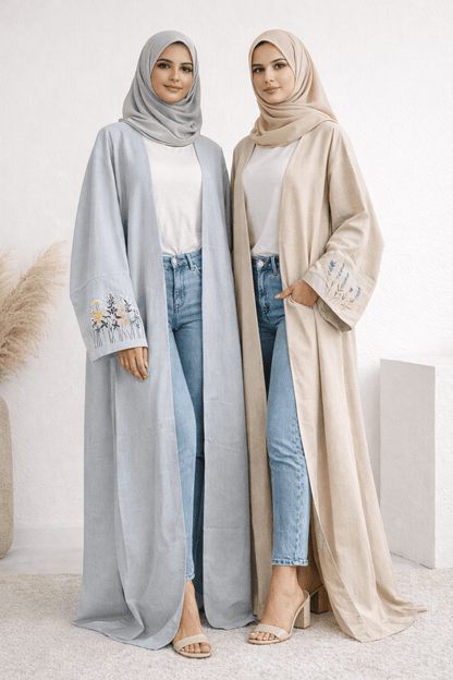 Embroidered Open-Front Abaya with Floral Sleeves | Modest Wear - ABAYA | OPEN-FRONT CARDIGAN by AURA