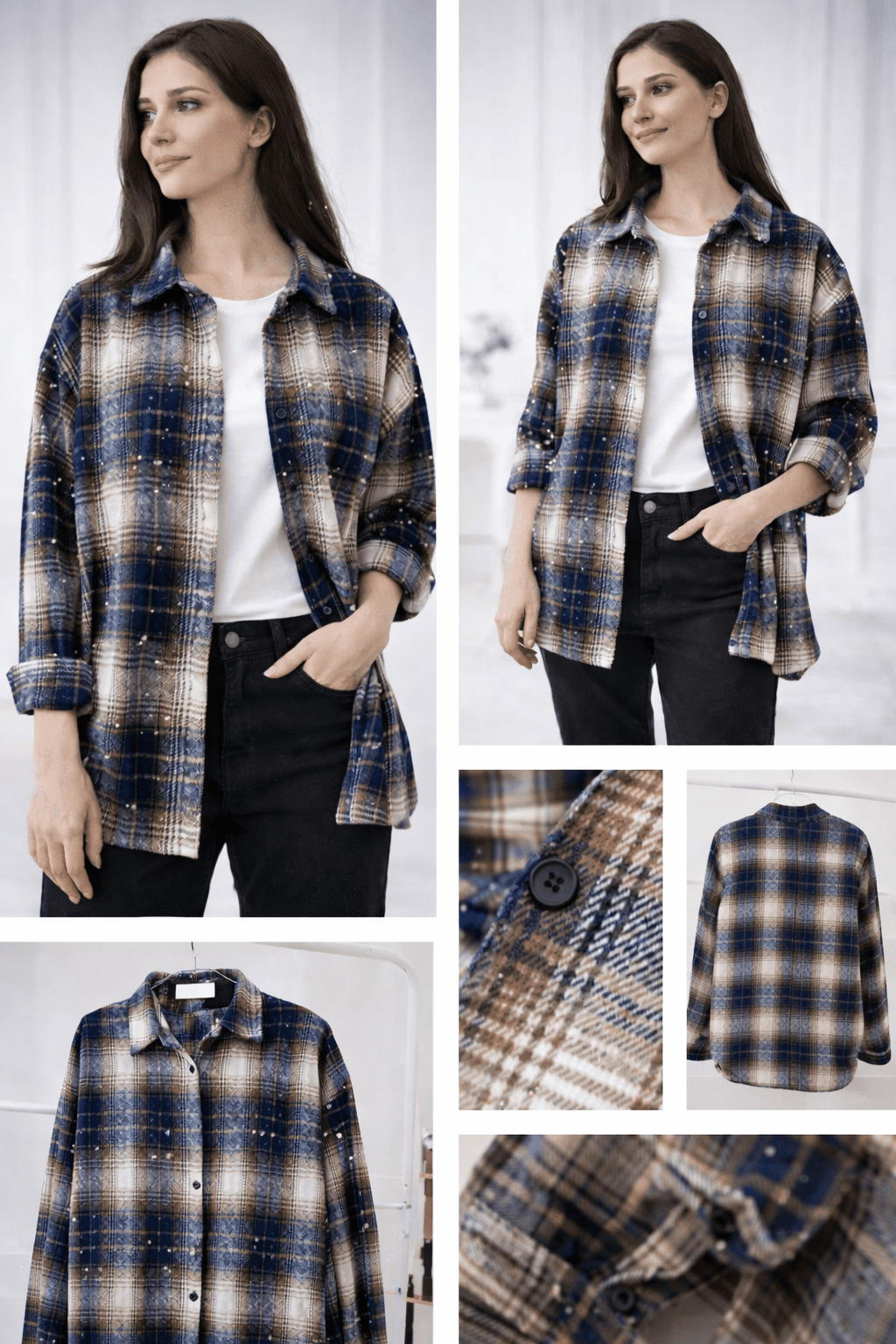 Collage of a woman wearing a plaid shirt with close-up details on a white background