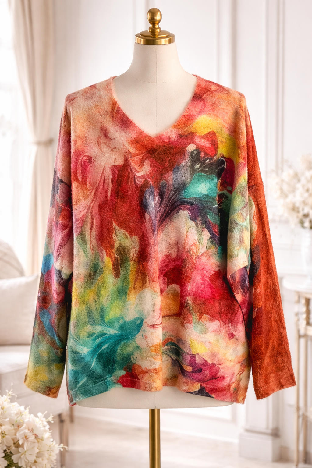 Colorful tie-dye shirt on a mannequin against a white curtain background