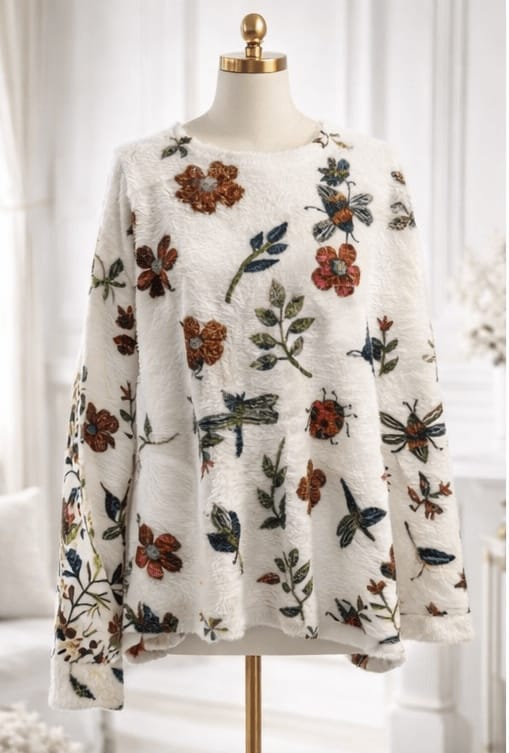 Floral and insect patterned sweater on a mannequin against a white background