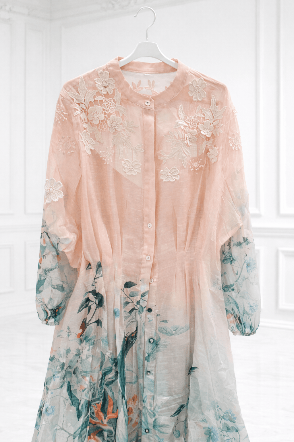 Pink Embroidered Maxi Dress with Bird Print Sleeves | Evening Wear - MAXI DRESS | EVENING WEAR by AURA