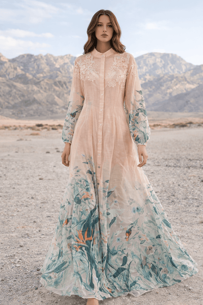 Pink Embroidered Maxi Dress with Bird Print Sleeves | Evening Wear - MAXI DRESS | EVENING WEAR by AURA