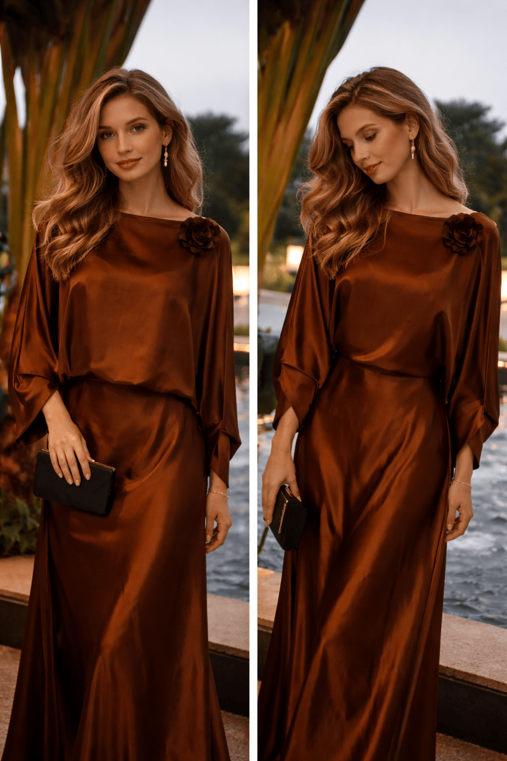 Woman in a brown dress standing by a waterfront with trees in the background.