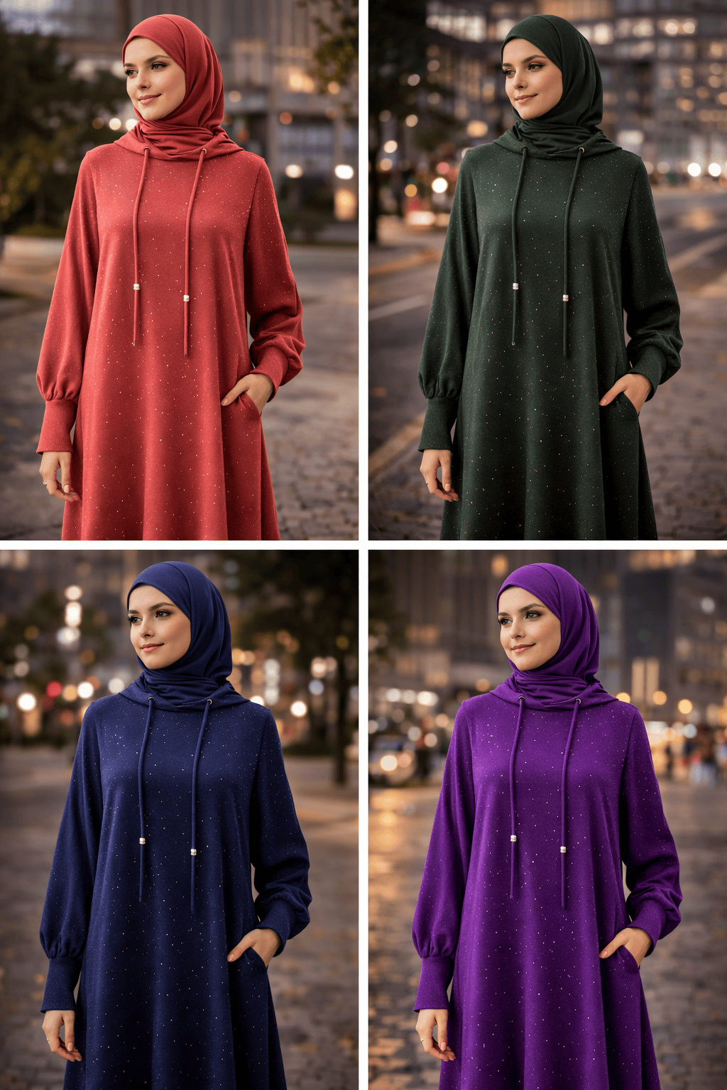 Four women wearing hijabs in red, green, blue, and purple on a city street background.