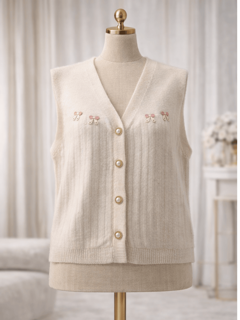 mannequin wearing knitted vests with floral designs on a neutral background
