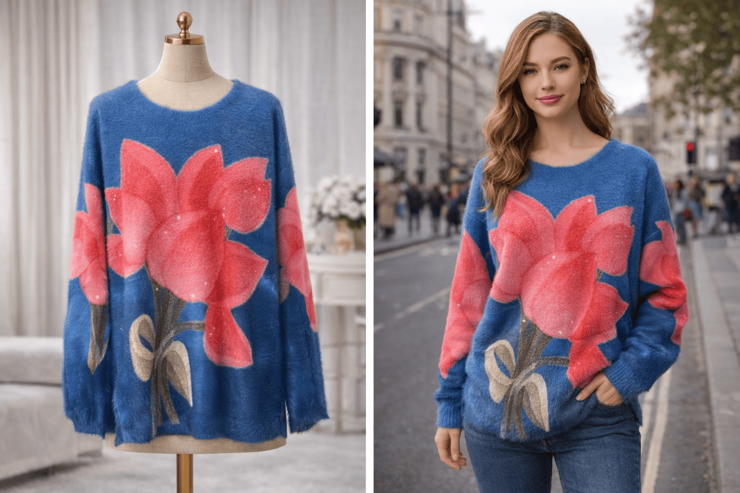 Blue sweater with pink floral design on a mannequin and a woman wearing it outdoors.