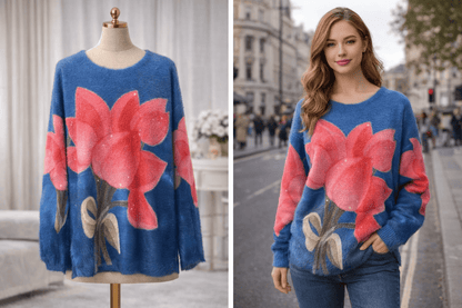 Blue sweater with pink floral design on a mannequin and a woman wearing it outdoors.