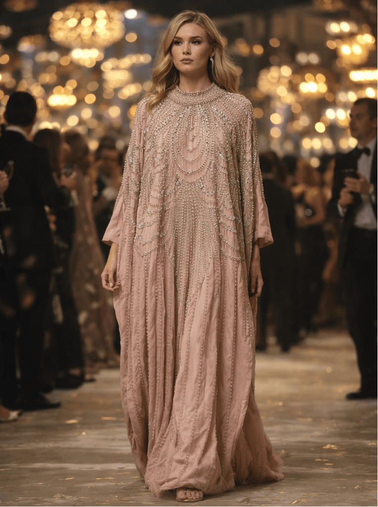 Beige evening gown on a mannequin and worn by a woman in an elegant setting.