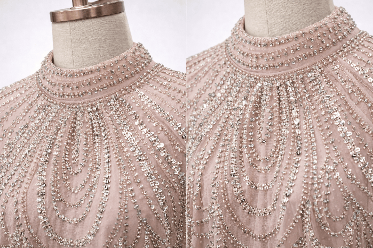 Two mannequins wearing pink beaded tops on a white background