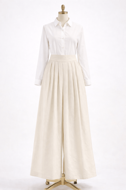 White shirt and beige pant on a mannequin against a white background