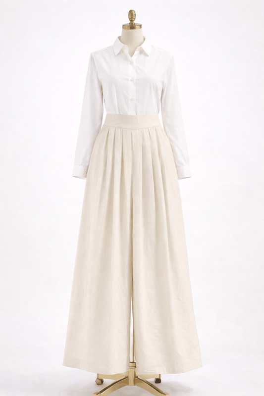 White shirt and beige pant on a mannequin against a white background