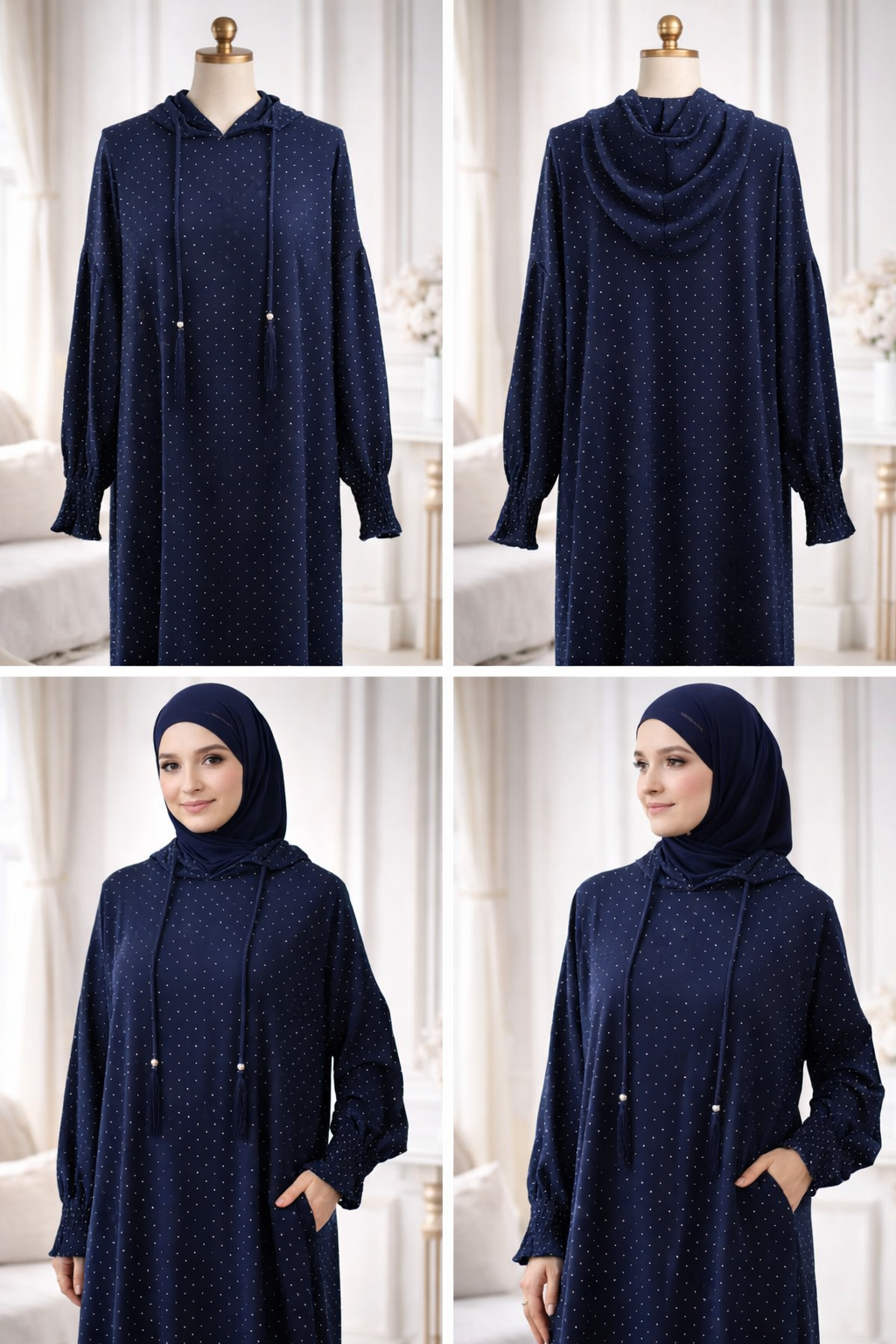 Navy blue dress with hood on a mannequin against a white background