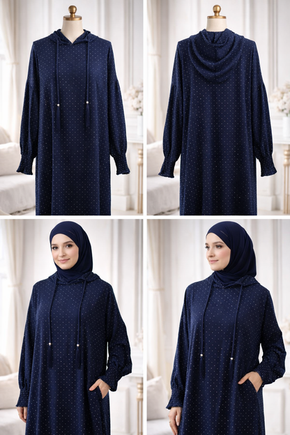 Navy blue dress with hood on a mannequin against a white background