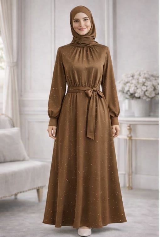 Woman wearing a brown dress with a matching hijab in a room with white curtains and a vase of flowers.