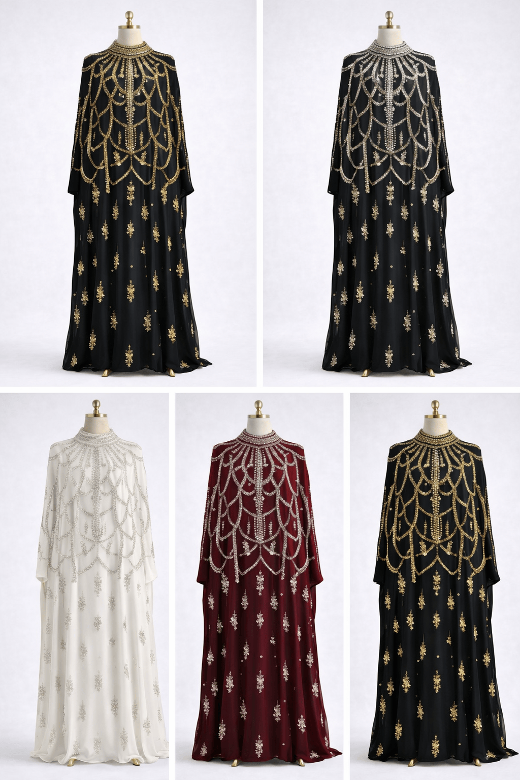 Set of four long dresses on mannequins with intricate designs in black, white, and red.