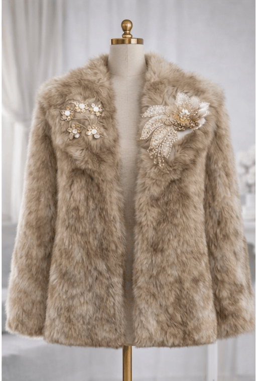  fur coats with floral embellishments on mannequins against a neutral background.