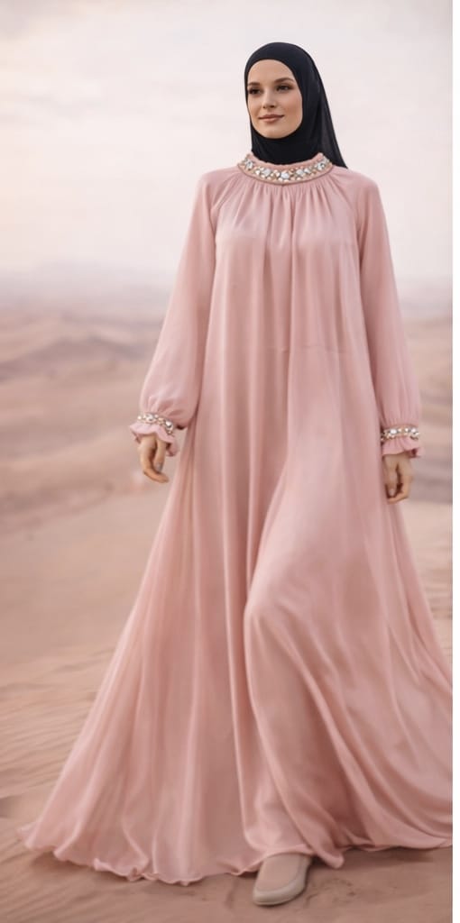 Woman wearing a long pink dress with embellishments in a desert setting