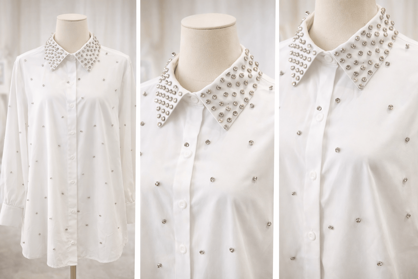 White blouse with embellished collar on a mannequin against a white background