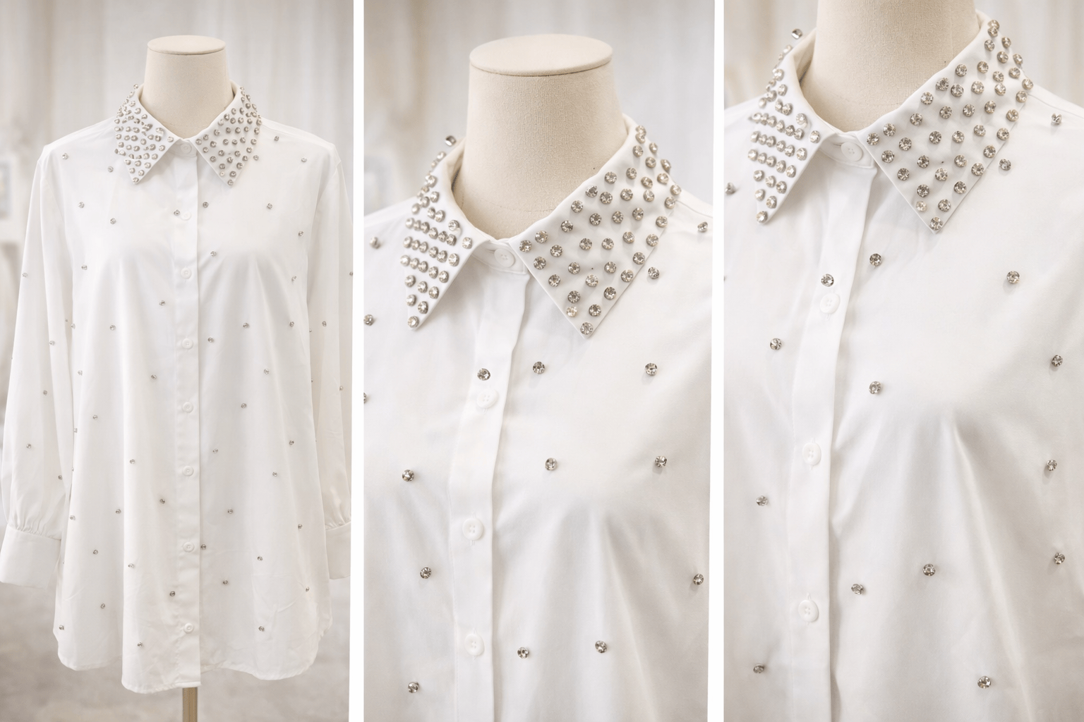 White blouse with embellished collar on a mannequin against a white background