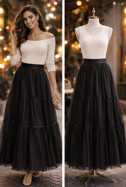 Tiered Tulle Maxi Skirt - Romantic A-Line Skirt - Bottoms by AURA