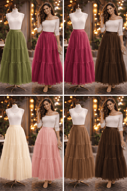 Woman modeling a tiered skirt in various colors on a mannequin against a decorated indoor background.