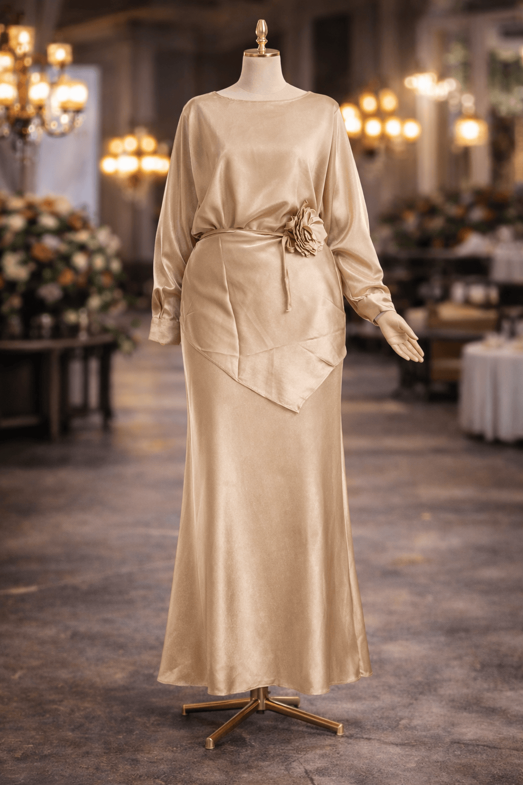 Gold evening gown on a mannequin in an elegant room with chandeliers.
