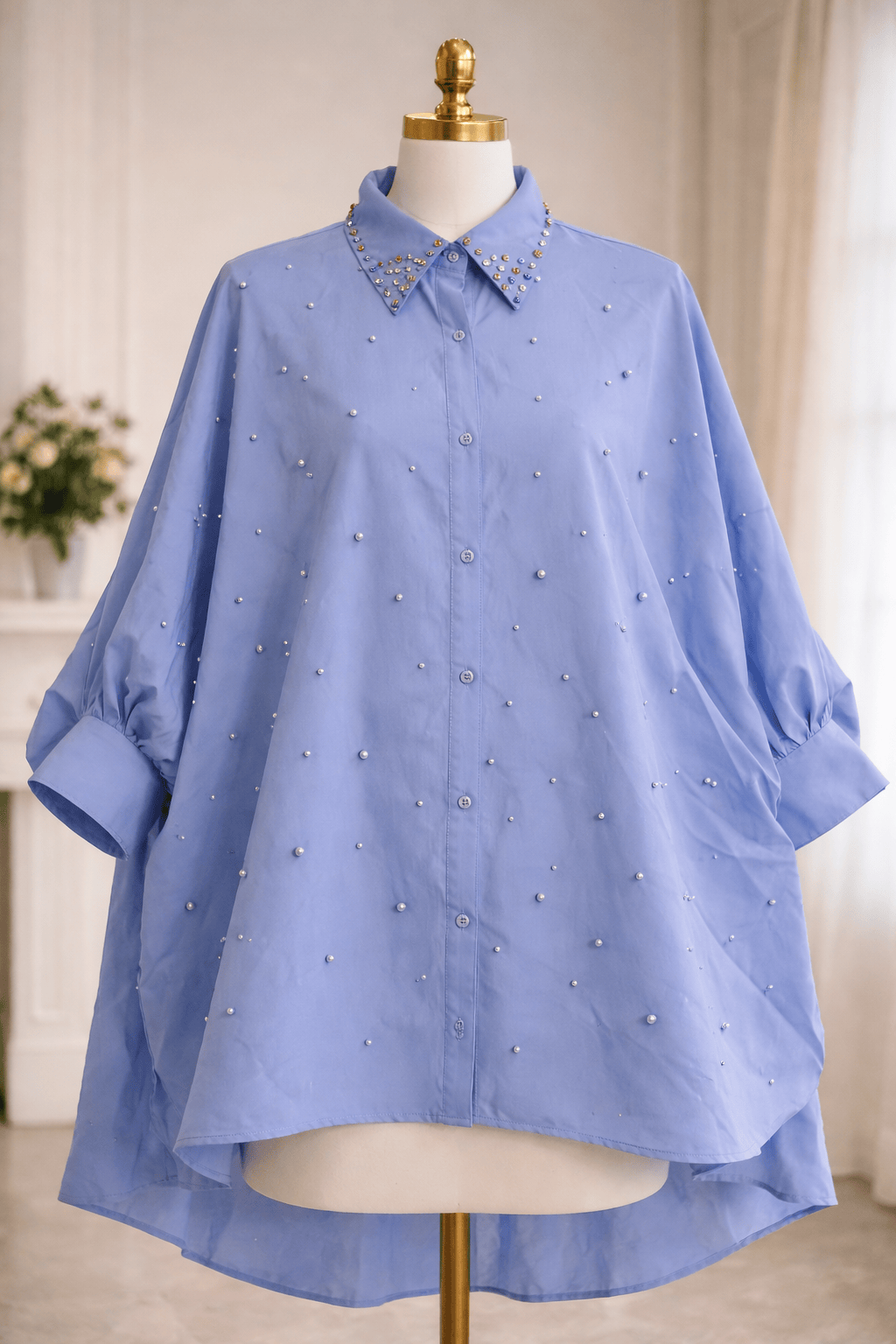 Pearl Embellished Collar Shirt - Tops by AURA