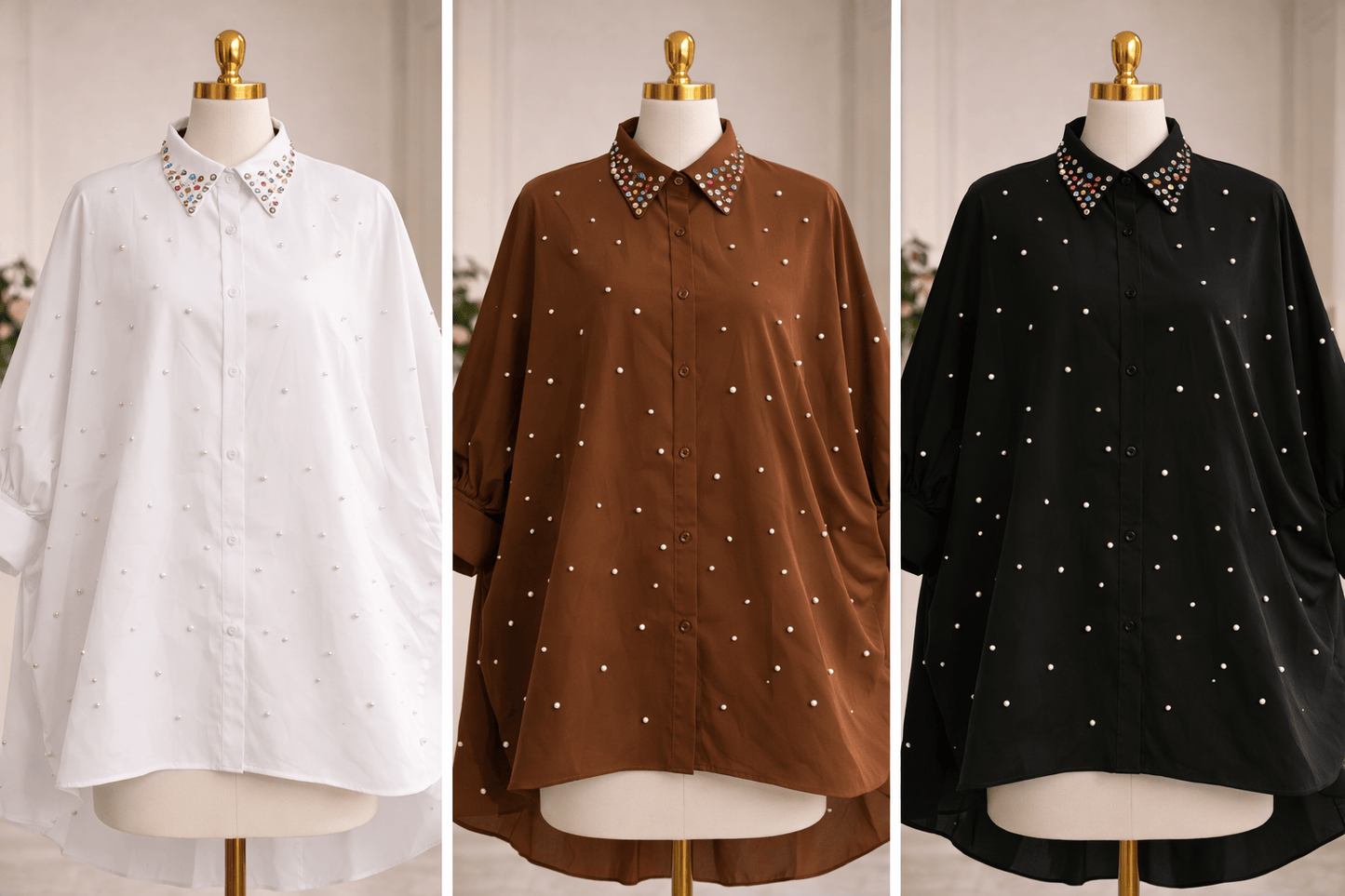 Pearl Embellished Collar Shirt - Tops by AURA