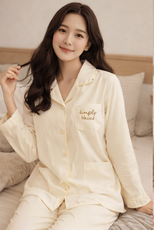 Woman wearing a cream-colored pajama set with 'Simply Blessed' text on a bed.