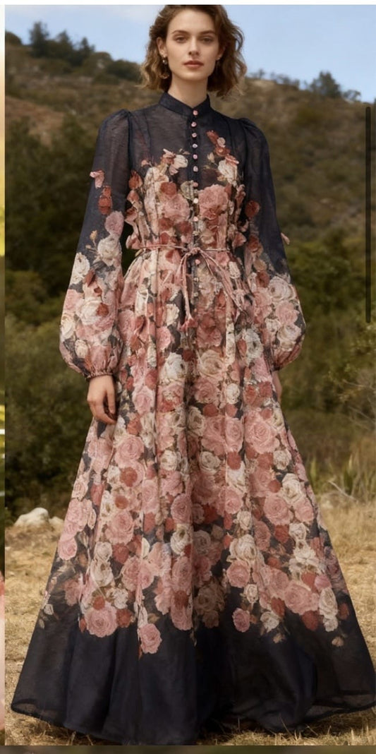 Woman wearing a floral dress with a scenic background