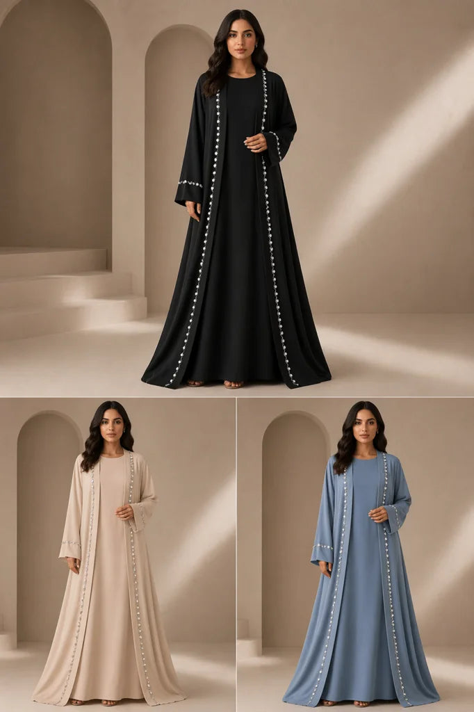 Three different colored abayas worn by a model in a neutral setting