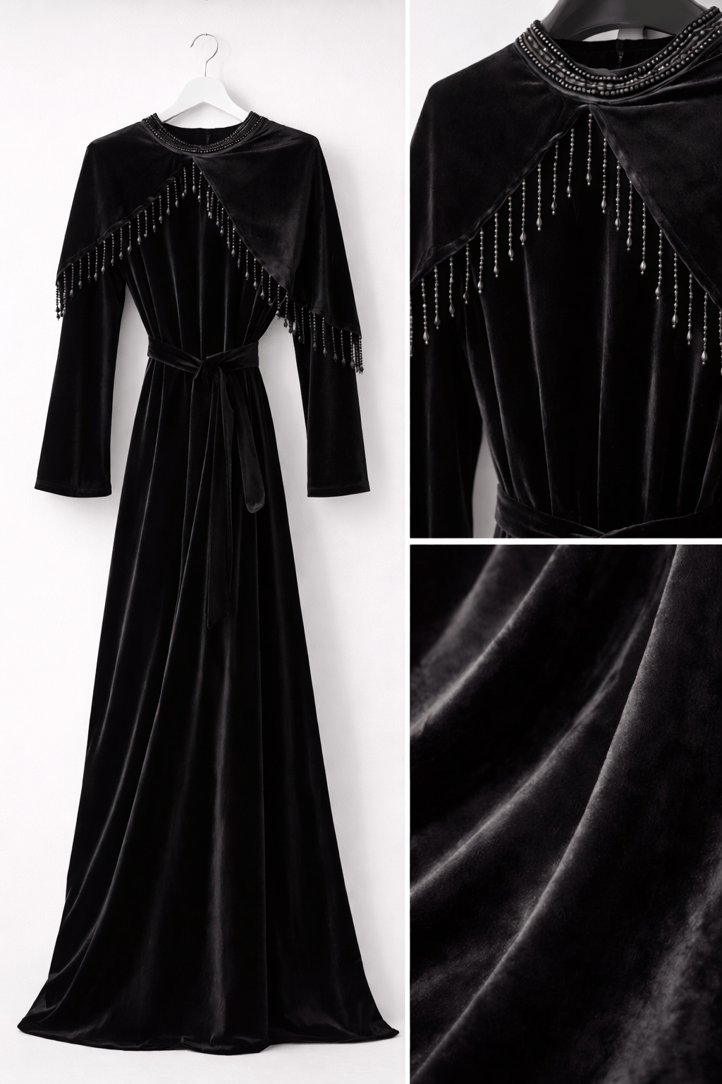 Luxury Black Velvet Abaya with Embellished Cape | AURA - AURA